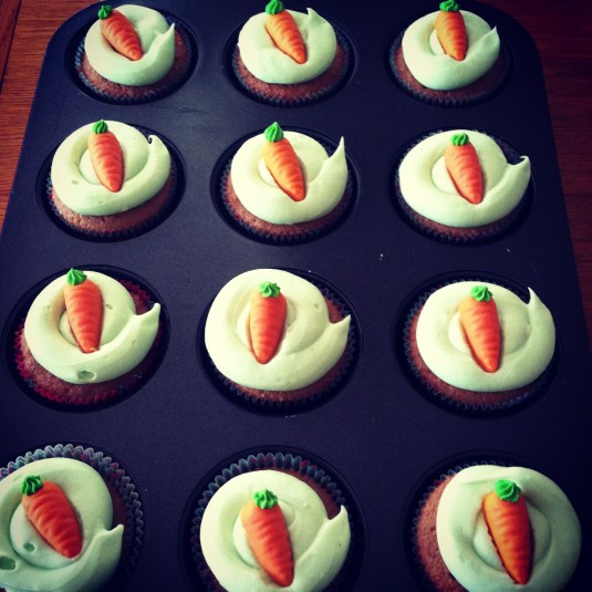 Carrot cake cupcakes with marzipan carrots