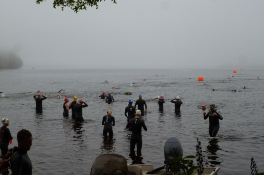 Pre-swim warm up...I'm the one in the wet suit